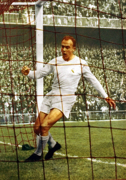 Di Stéfano scoring a goal for Real Madrid where he won 17 official titles