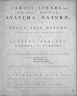 Original title page of Linnaeus's Systema Naturae, published in 1735