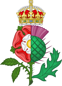 The Union of the Crowns was symbolised in James's personal royal heraldic badge after 1603, the Tudor rose dimidiated with the Scottish thistle ensigned by the royal crown.