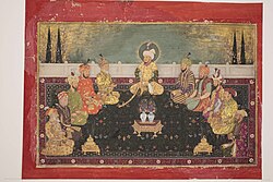 Group portrait of Mughal rulers, from Babur to Aurangzeb, with the Mughal ancestor Timur seated in the middle. On the left: Shah Jahan, Akbar and Babur, with Abu Sa'id of Samarkand and Timur's son, Miran Shah. On the right: Aurangzeb, Jahangir and Humayun, and two of Timur's other offspring Umar Shaykh and Muhammad Sultan. Created c. 1707–12.