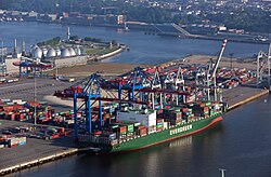 An Evergreen ship loading at Container Terminal Altenwerder, port of Hamburg, Germany