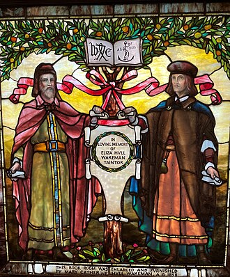 Aldus Manutius, pictured with William Caxton, at Pequot Library, Southport on Tiffany Glass panel
