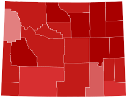 Party registration by Wyoming county (March 2023): Republican ≥ 50% Republican ≥ 60% Republican ≥ 70% Republican ≥ 80% Republican ≥ 90%