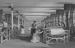 A Roberts loom in a weaving shed in 1835. Note the wrought iron shafting, fixed to the cast iron columns.