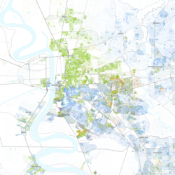 A racial distribution map of Baton Rouge, 2020 U.S. census. Each dot is one person: ⬤ White ⬤ Black ⬤ Asian ⬤ Hispanic ⬤ Multiracial ⬤ Native American/Other