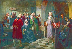 Empress Elizabeth visits Russian scientist Mikhail Lomonosov.