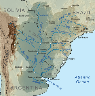 Map of the Rio de la Plata Basin, showing the Bermejo River joining the Paraguay River north of Resistencia.
