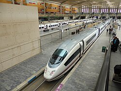 High-speed AVE Class 103 train in Zaragoza station. Spain has the longest high-speed rail network in Europe.[244]