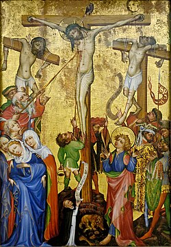 Depiction of Jesus Christ's crucifixion alongside the penitent thief and the impenitent thief. (Christian art, 15th-century Strasbourg)