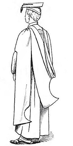 An American master's gown from 1911 with the slit located at the elbow rather than at the crescent arc and hood in [s1] simple shape.