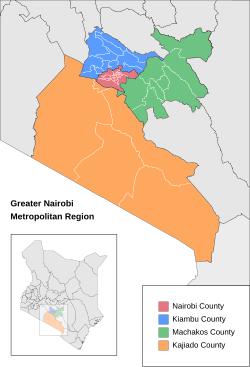 Greater Nairobi Metropolitan Region, consisting of Nairobi City County (red), Kajiado County (orange), Machakos County (green), and Kiambu County (blue)