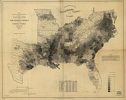 Map showing the distribution of the slave population of the southern states of the United States (1861) created by Edwin Hergesheimer of the United States Coast Survey; Lincoln kept a copy of this map in the White House and studied it often, using it to track Union troop movements[373]
