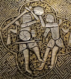 Basin of Ayubbid Sultan Al-Adil II, Syria, 1238–1240, combat scene.[103]