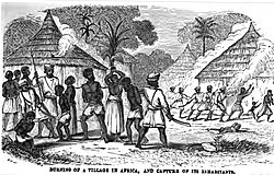 Burning of a village in Africa, and capture of its inhabitants. To escape slave raids some Africans escaped into swamp regions or to other areas.