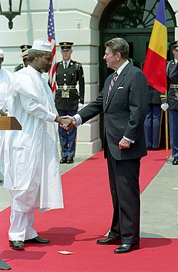 Chadian president Hissène Habré at the White House. Habré was supported by the Reagan administration as an ally against Gaddafi's Libya[237]