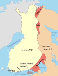 Areas ceded by Finland to the Soviet Union during World War II. The Porkkala land lease was returned to Finland in 1956.