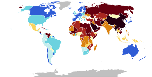 V-Dem Electoral Democracy Index map for 2025[266] 0.90–1.00 0.80–0.89 0.70–0.79 0.60–0.69 0.50–0.59 0.40–0.49 0.30–0.39 0.20–0.29 0.10–0.19 0.00–0.09 No data