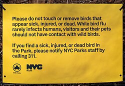 Sign in Central Park in New York City advising against handling birds