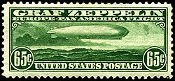 65-cent "Zeppelin" of 1930, issued in April for the May–June Pan-American flight of the Graf Zeppelin
