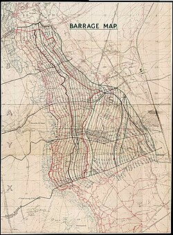 Map detailing exact positions and timing of the planned creeping barrage for the Canadian assault on Vimy Ridge, April 1917