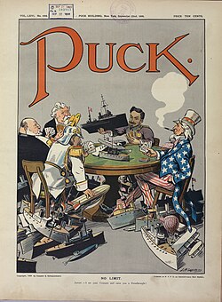 1909 cartoon in Puck shows five nations engaged in naval race; the Kaiser is in white.