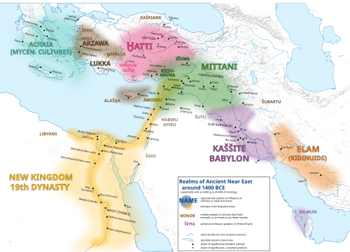 Approximate political map of the Ancient Near East in 1400 BC. Assur was during this time subjugated by the Mitanni kingdom.