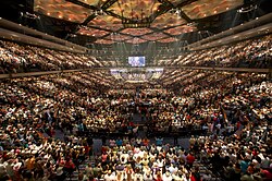 An evangelical charismatic worship service at Lakewood Church, Houston, Texas, in 2013