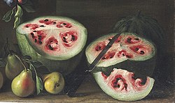 Watermelon (an old cultivar) as depicted in a 17th-century painting, oil on canvas, by Giovanni Stanchi