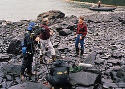 KCTS crew recording an interview with Dennis Kelso, then-commissioner of the Alaska Department of Environmental Conservation, during the cleanup of the Exxon Valdez oil spill in 1989.