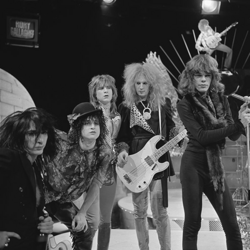 New York Dolls in 1973. Their visual style influenced the look of many 1980s-era glam metal groups.