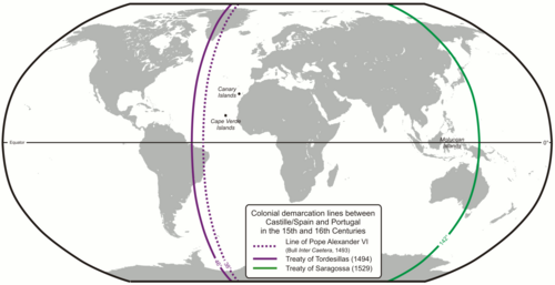 Lines dividing the non-Christian world between Castile and Portugal: the 1494 Tordesillas meridian (purple) and the 1529 Zaragoza antimeridian (green)