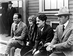 Douglas Fairbanks, Mary Pickford, Charlie Chaplin, and D. W. Griffith in 1919