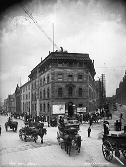 Sydney Morning Herald building on the corner of Pitt and Hunter Streets, built 1856, demolished in the 1920s for a larger building