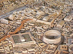 Model of Imperial Rome at the Museum of Roman Civilization in Rome. The Temple of Claudius is situated to the south (left) of the Colosseum.