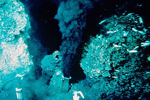 Black smoker hydrothermal vent. The "smoke" consists of dissolved particles that precipitate into solids when exposed to colder water