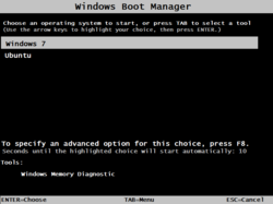 A boot menu in Windows 7 showing options to start Ubuntu, which was added by the Wubi installer.