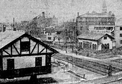 New (left) and old Union Square station buildings on the Fitchburg Railroad in 1911