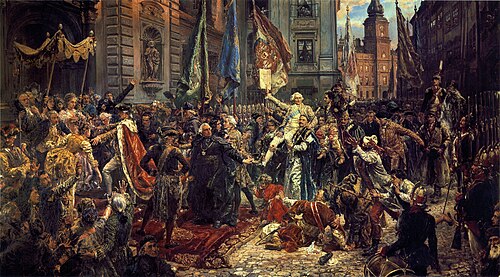Constitution of 3 May 1791 (painting by Jan Matejko, 1891). Polish King Stanisław August (left, in regal ermine-trimmed cloak), enters St. John's Cathedral, where Sejm deputies will swear to uphold the new Constitution; in the background, Warsaw's Royal Castle, where the Constitution has just been adopted.