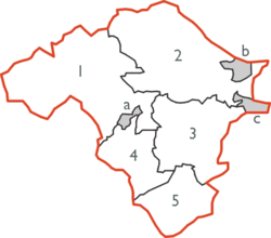 Urban and rural districts of Radnorshire 1894 - 1974: a) Llandrindod Wells UD, b) Knighton UD, c) Presteigne UD, 1) Rhayader RD, 2) Knighton RD 3) New Radnor RD, 4) Colwyn RD, 5) Painscastle RD