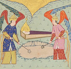 Islamic Persian miniature of Jirjus, emanating the divine light like a prophet or saint, being buried by angels.