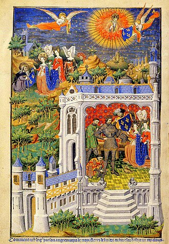 15th-century manuscript depicting an angel sending the fleurs-de-lis to Clovis. From the Bedford Hours in the British Library, London.