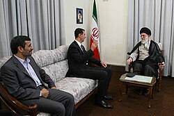 Assad with Iranian President Mahmoud Ahmadinejad and Ayatollah Ali Khamenei in Tehran, Iran, 2010
