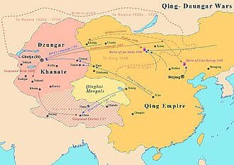 Map showing wars between Qing dynasty and Dzungar Khanate