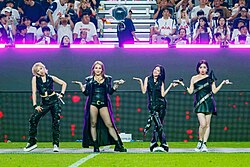 2NE1 performing at Tottenham vs Newcastle halftime show in Seoul in 2025