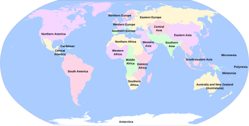 The United Nations geoscheme, created by the United Nations Statistics Division. For statistical consistency and convenience, each country or area is shown in one continental subregion only. For example, Russia (a transcontinental country in both Eastern Europe and Northern Asia) has been included in Eastern Europe only.