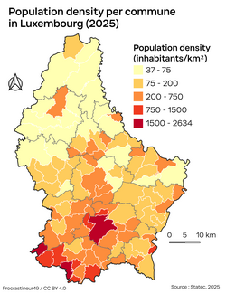 Population density in Luxembourg by communes. The main urban area, Luxembourg City, is located in the south-centre of the country.