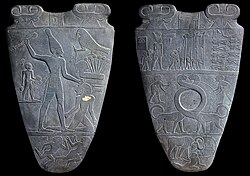 The Narmer Palette depicts the unification of the Two Lands.[19]