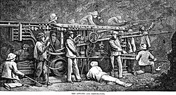 A late-19th-century pneumatic rock-drilling machine, invented by Germain Sommeiller and used to drill the first large tunnels through the Alps