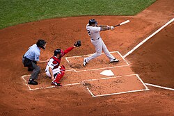A New York Yankees batter (Andruw Jones) and a Boston Red Sox catcher at Fenway Park