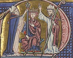 Two bishops standing by a bearded man sitting on a throne and wearing a crown